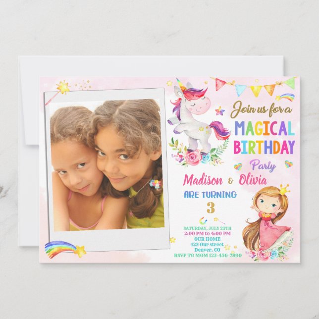 Foto Unicorn und Prinzessin Einladung zum Geburtst (Vorderseite)