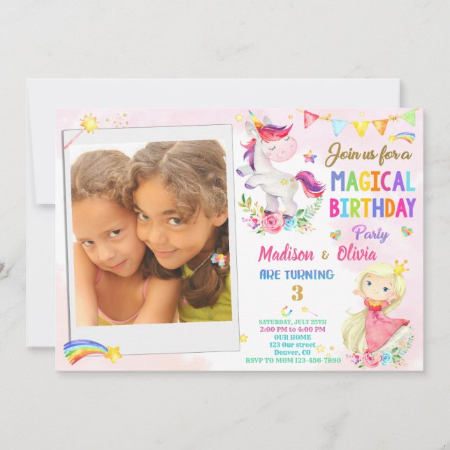 Foto Unicorn und Prinzessin Einladung zum Geburtst (Vorderseite)