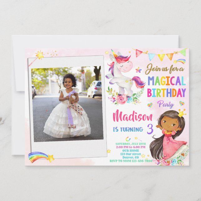Foto Unicorn und Prinzessin Einladung zum Geburtst (Vorderseite)