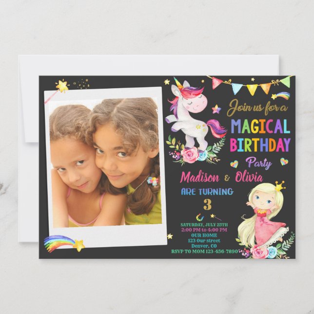 Foto Unicorn und Prinzessin Einladung zum Geburtst (Vorderseite)