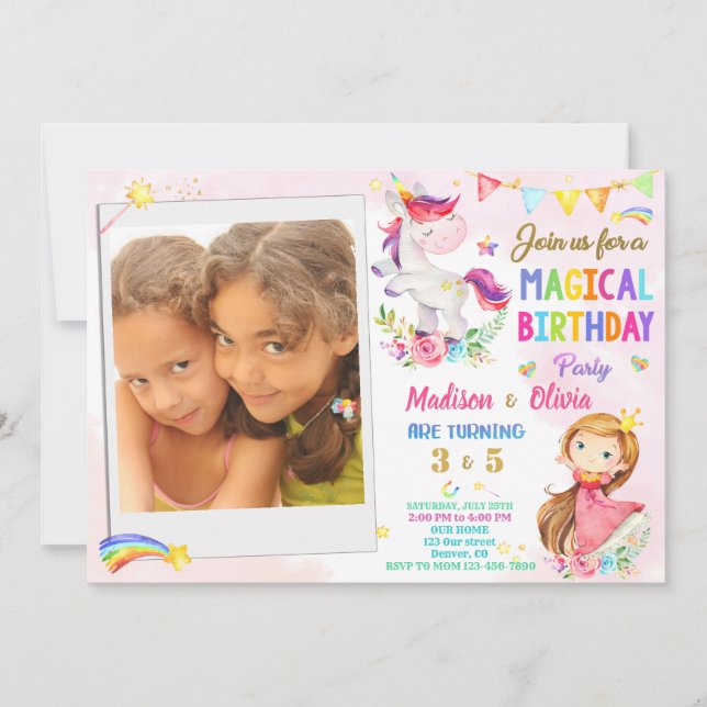 Foto Unicorn und Prinzessin Einladung zum Geburtst (Vorderseite)