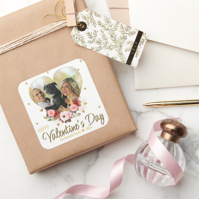 Foto Valentine's Day Heart Gold Glitzer Herz Quadratischer Aufkleber (Schenken)