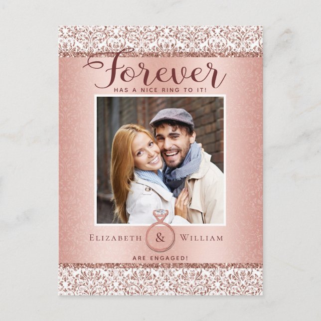 Foto Verlobung Ankündigung Rose Gold Postkarte (Vorderseite)
