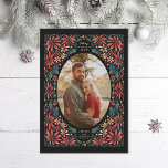 Foto Verziert Poinsettia Feiertagskarte<br><div class="desc">Original illustrierter Rahmen aus Poinsettias und heiligen Blätter. Ebenfalls verfügbar in alternativer Ausrichtung</div>