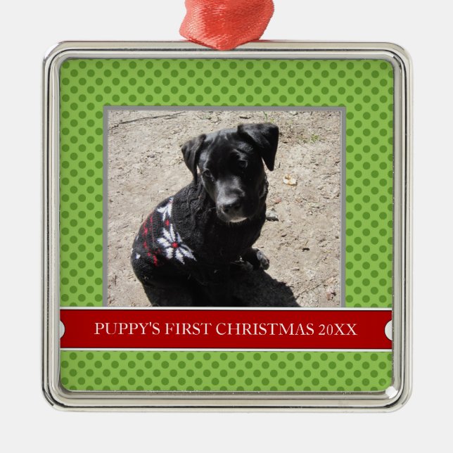 Foto-Verzierung des Welpen erste Weihnachts Silbernes Ornament (Vorne)