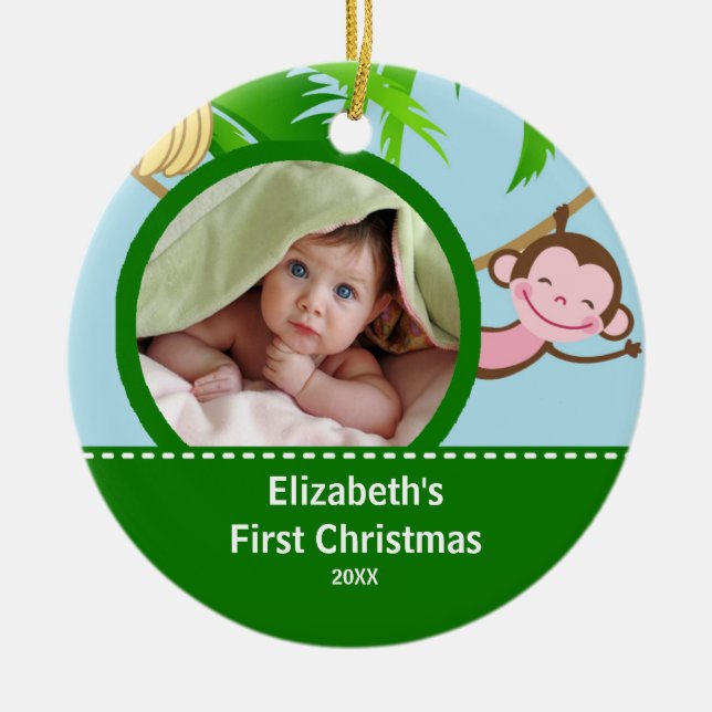 Foto-Verzierungs-Affe des Babys erster Weihnachts Keramik Ornament (Vorne)