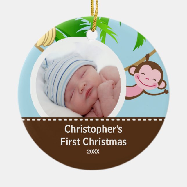 Foto-Verzierungs-Affe des Babys erster Weihnachts Keramikornament (Vorne)