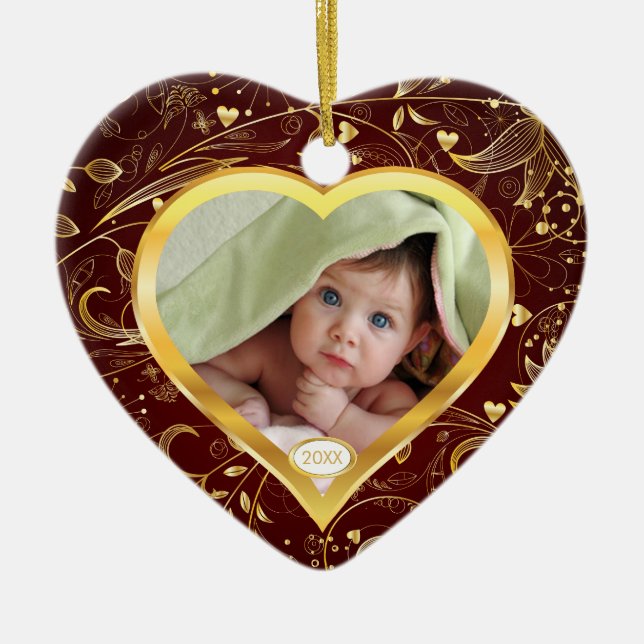 Foto-Verzierungs-Herz-Gold des Babys erstes Keramikornament (Vorne)