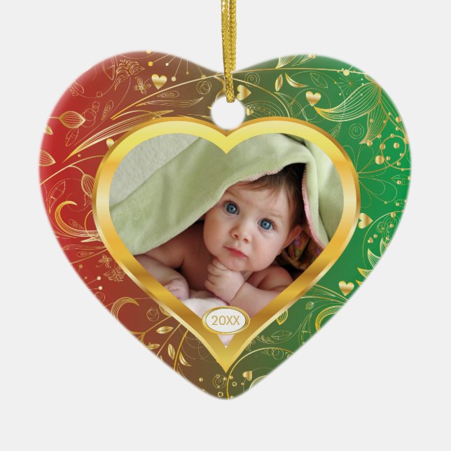 Foto-Verzierungs-Herz-Grün des Babys erstes Keramikornament (Vorne)