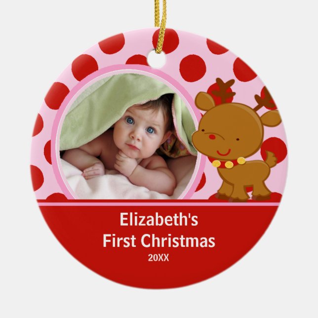 Foto-Verzierungs-Ren des Babys erstes Weihnachts Keramikornament (Vorne)