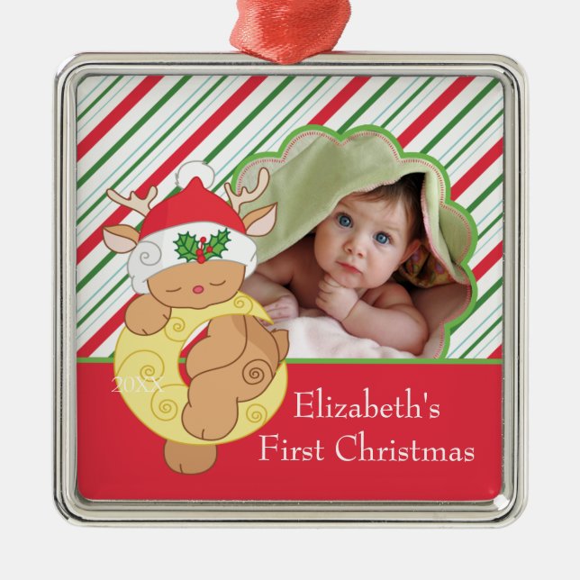 Foto-Verzierungs-Ren des Babys erstes Weihnachts Ornament Aus Metall (Vorne)