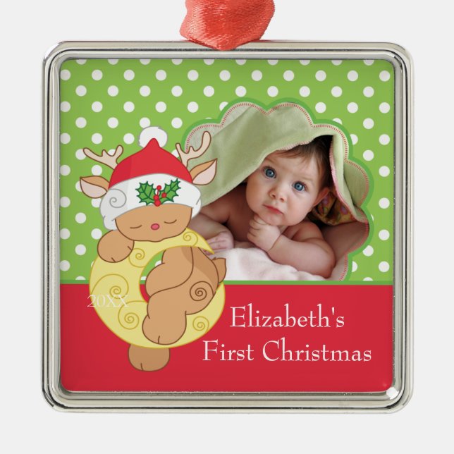 Foto-Verzierungs-Ren des Babys erstes Weihnachts Ornament Aus Metall (Vorne)