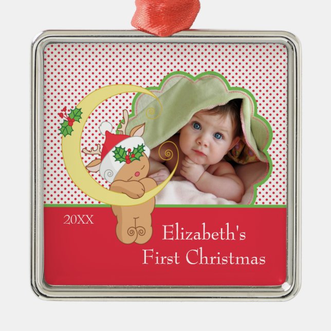 Foto-Verzierungs-Ren des Babys erstes Weihnachts Ornament Aus Metall (Vorne)
