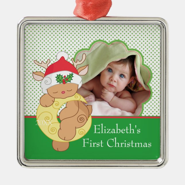Foto-Verzierungs-Ren des Babys erstes Weihnachts Silbernes Ornament (Vorne)