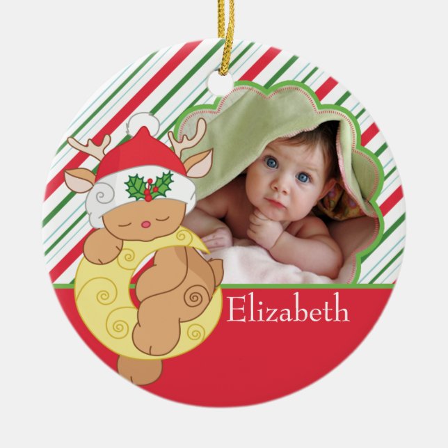 Foto-Verzierungs-Rotwild des Babys erste Keramikornament (Vorne)