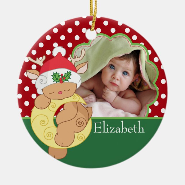 Foto-Verzierungs-Rotwild des Babys erste Keramikornament (Vorne)