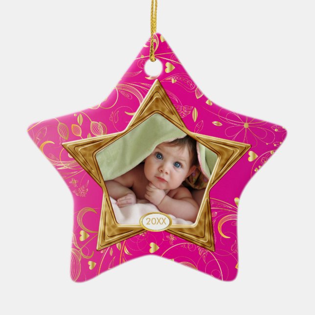 Foto-Verzierungs-Stern-Rosa des Babys erstes Keramikornament (Vorne)