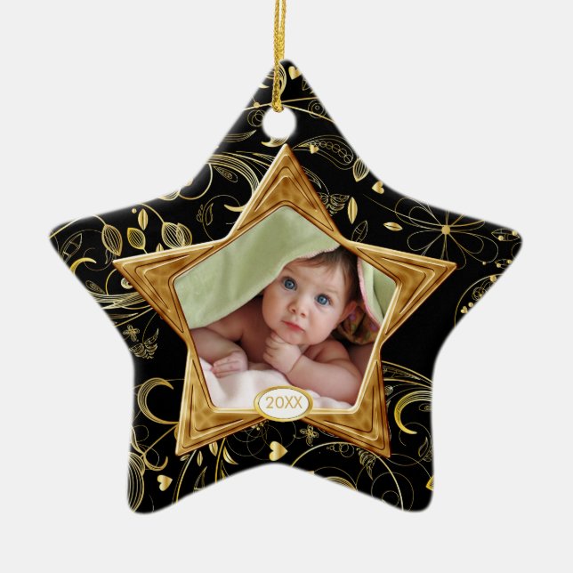 Foto-Verzierungs-Stern-Schwarzes des Babys erstes Keramikornament (Vorne)