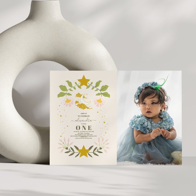 Foto Vintag Celestial Botanischer 1. Geburtstag Einladung (Von Creator hochgeladen)