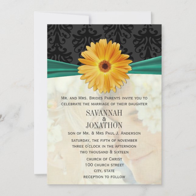 Foto Vintag Damask Emerald Gerber Daisy Wedding Einladung (Vorderseite)