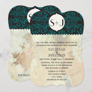 Foto Vintag Damask Emerald Green Die Hochzeit Einladung
