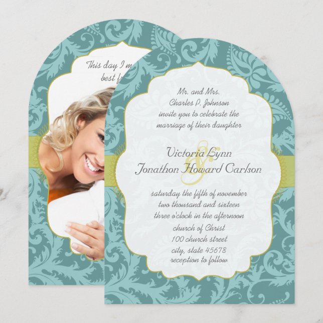 Foto Vintag Love Bird Damask Hochzeit Einladung (Vorne/Hinten)