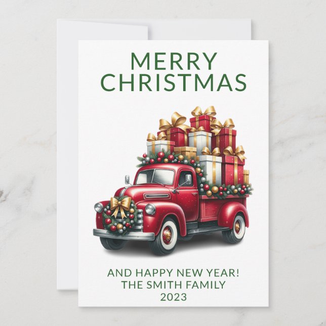 Foto Vintag Truck präsentiert Grüne Weihnachten Einladung (Vorderseite)