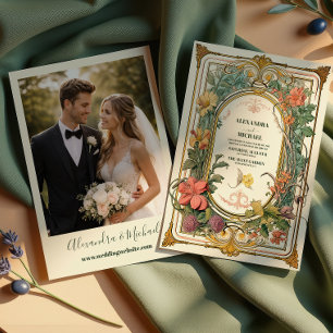 Foto Vintage Florale Kunst Neue Hochzeit Einladung