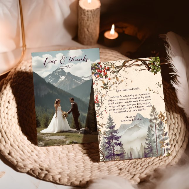 Foto Vintager Bergwald Evergreen Wedding Dankeskarte (Von Creator hochgeladen)