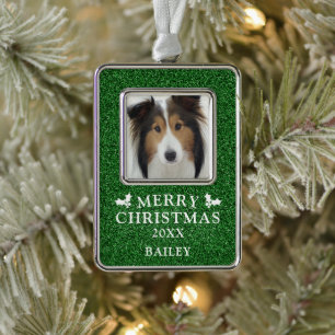 Foto vom Hund Frohe Weihnachten Personalisiert Rahmen-Ornament Silber