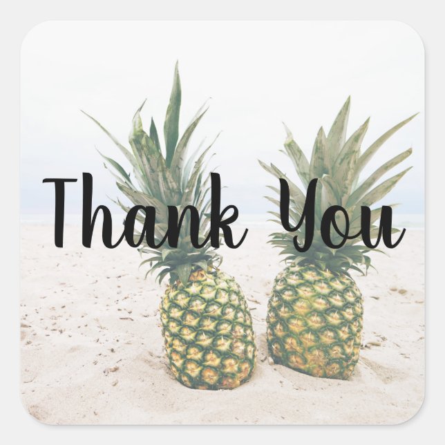 Foto von 2 Ananas am Strand Danke Quadratischer Aufkleber (Vorderseite)