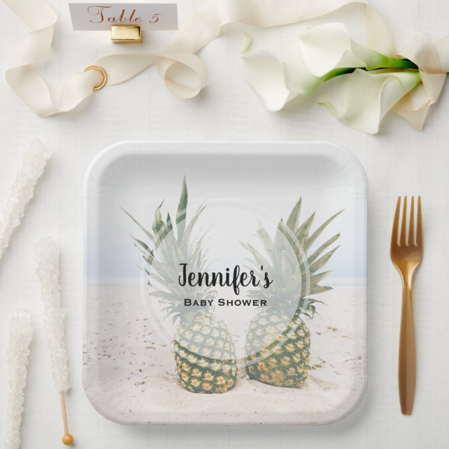 Foto von 2 Ananas auf einer Beach Baby Dusche Pappteller (Hochzeit)