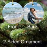Foto von Back First Christmas Engagement Beach Hea Keramik Ornament<br><div class="desc">Add Your Favorite Color Foto on back! Celebrate your engagement while planning a beach wedding or honeymoon with this keepsake engagement ornament. Interlocking beach wedding hearts drawn in the sand makes an elegant tropical ocean coastal nautical theme wedding, matching set of items Pretty turquoise water waves crashing on the shore...</div>