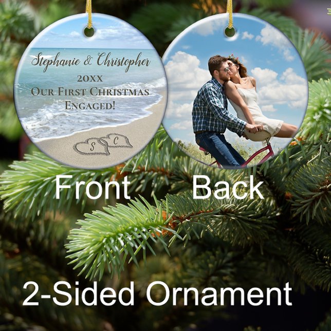 Foto von Back First Christmas Engagement Beach Hea Keramik Ornament (beach wedding engagement photo engaged christmas ornament)