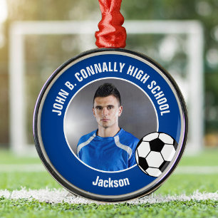 Foto von blauem Fußballspieler Weihnachten an der Ornament Aus Metall