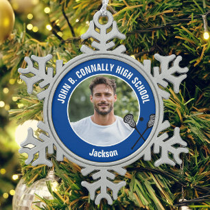 Foto von blauem Lacrosse-Spieler - High-School-Gei Schneeflocken Zinn-Ornament