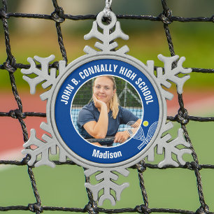 Foto von blauen Tennisspielern als High-School-Gei Schneeflocken Zinn-Ornament