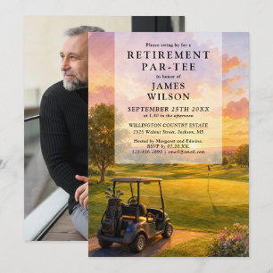 Foto von der Abschiedsparty im Golfkurs-Buggy Einladung