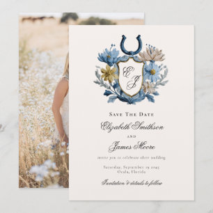 Foto von floralem Wappen-Reiter-Hufeisen-Monogramm Save The Date