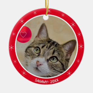 Foto von getigerter Katze und Schneeflocken Keramik Ornament