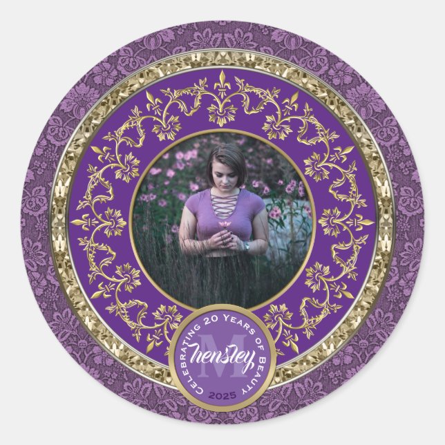 Foto von Gold Classic Damask Commemorative Purple Runder Aufkleber (Vorderseite)