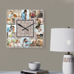 Foto von Klebemasse 16 Light Wood Numbered Quadratische Wanduhr<br><div class="desc">Foto von Wall Clock with 16 of Your Favorite Fotos. The design has a rustic light brown wood look background and stylish clock face with modern numbers. The foto template is ready for you to upload your fotos, which are displayed in 2x portrait, 2x landscape and 12x square / instagram...</div>