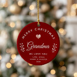 Foto von Merry Christmas Grandma Rose Gold Maroon Keramik Ornament<br><div class="desc">This chic and modern ornament says "Merry Christmas Grandma" in stylish arched and script typography with a printed shimmering rose gold heart and your names or custom message below. All the text is easily customizable to your liking. Wir sind die Backside is space for one of your favorite family pictures,...</div>