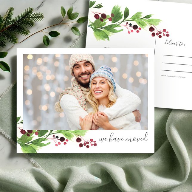 Foto von New Home Holiday Moving Announcemet Postkarte (Christmas postcard photo new address moving announcement watercolor art by Victoria Grigaliunas)