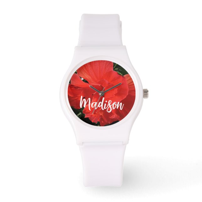 Foto von Orange Double Hibisken Individuelle Name Armbanduhr (Vorderseite)
