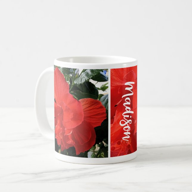 Foto von Orange Double Hibisken Individuelle Name Kaffeetasse (Vorderseite Links)