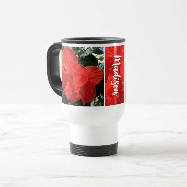 Foto von Orange Double Hibisken Individuelle Name Reisebecher (Vorderseite Links)
