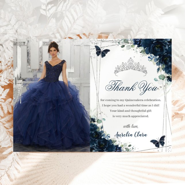 Foto von Quinceañera Navy Blue Floral Butterfells Dankeskarte (Von Creator hochgeladen)