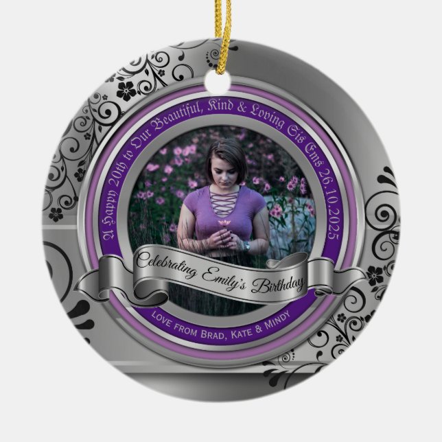 Foto von Silver Black Flourish Elegant Banner Purp Keramik Ornament (Vorne)