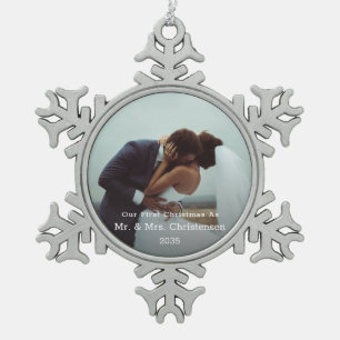Foto-Vorlage Unser erstes Weihnachten Verheiratet Schneeflocken Zinn-Ornament